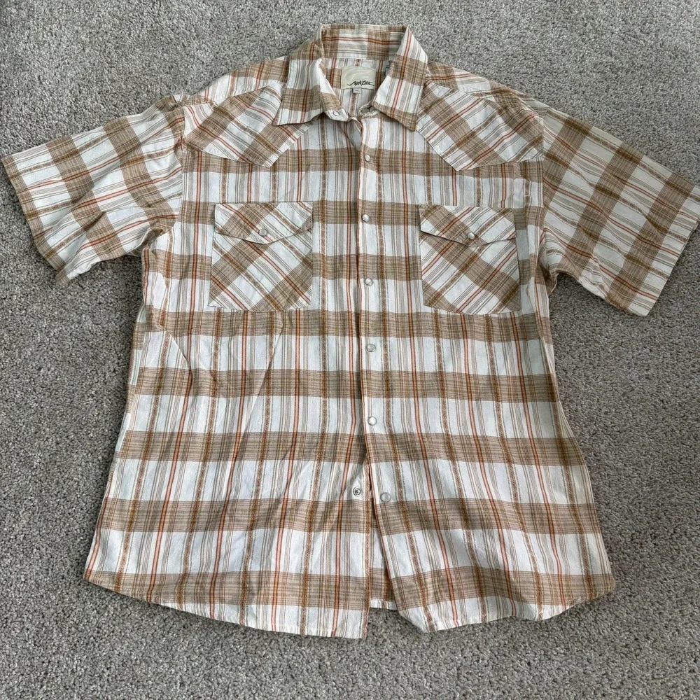 Y2K Point Zero Shirt Mens XL Brown Plaid Short Sleeve Western Pearl Snap Pockets